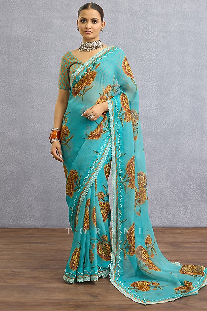 Aqua Blue Organza Digital Printed & Embroidered Wedding Saree by TORANI at Pernia's Pop Up Shop