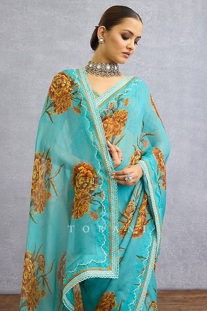 Aqua Blue Organza Digital Printed & Embroidered Wedding Saree by TORANI at Pernia's Pop Up Shop