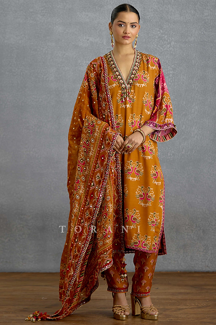 Yellow Silk Patola Printed Kurta Set by Torani at Pernia's Pop Up Shop