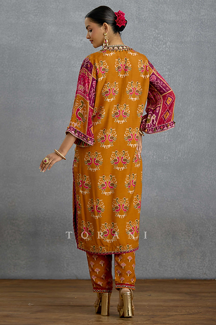 Yellow Silk Patola Printed Kurta Set by Torani at Pernia's Pop Up Shop