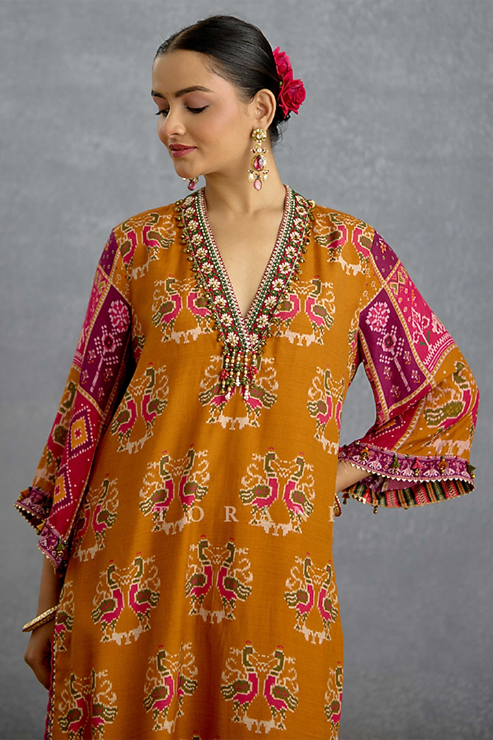 Yellow Silk Patola Printed Kurta Set by Torani at Pernia's Pop Up Shop