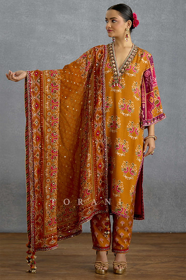 Yellow Silk Patola Printed Kurta Set by Torani at Pernia's Pop Up Shop