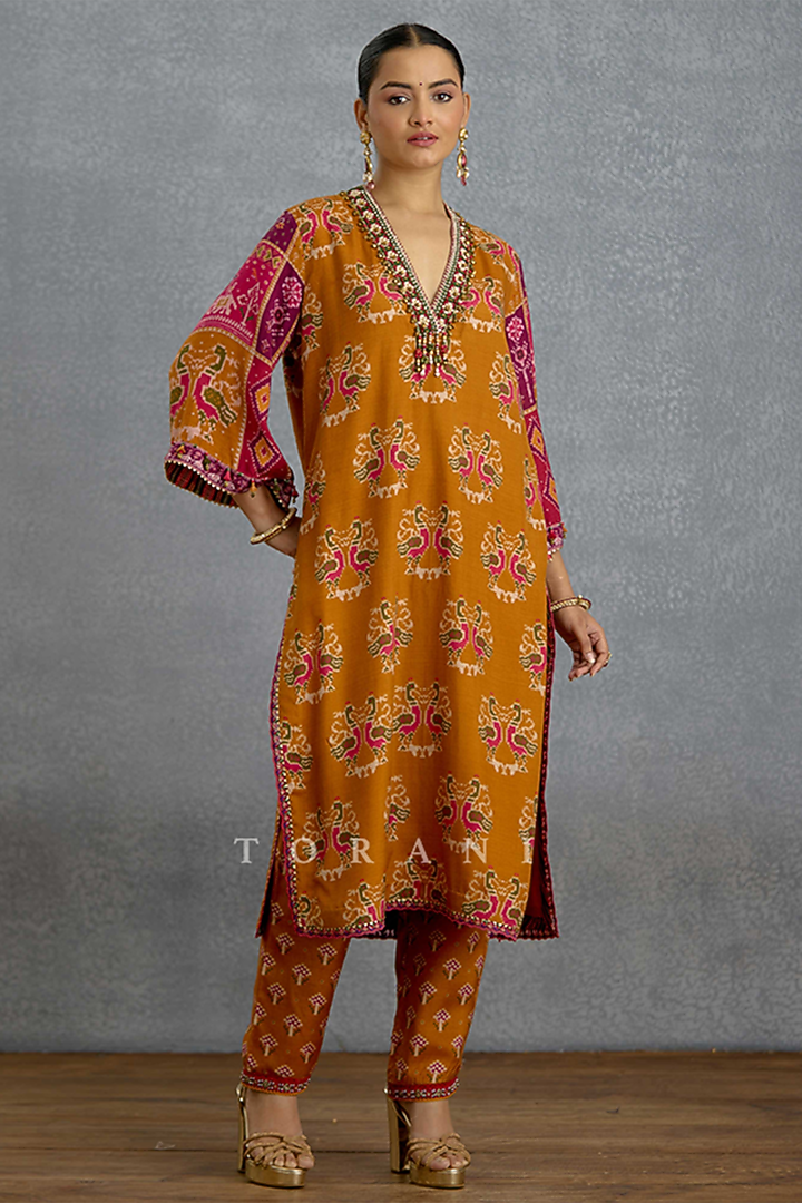 Yellow Silk Patola Printed Kurta Set by Torani at Pernia's Pop Up Shop