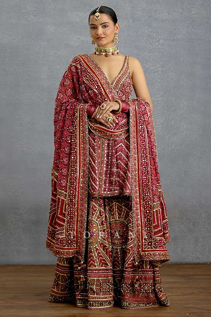 Ruby Pink Silk Patola Printed & Embroidered Bridal Sharara Set by TORANI at Pernia's Pop Up Shop