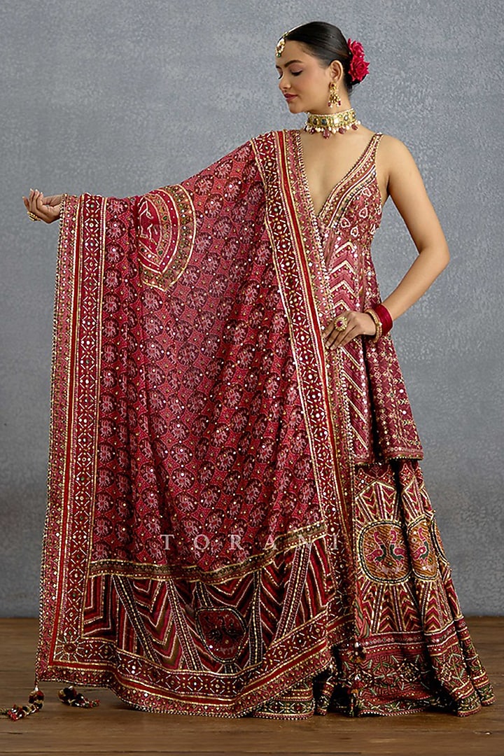 Ruby Pink Silk Patola Printed & Embroidered Bridal Sharara Set by TORANI at Pernia's Pop Up Shop