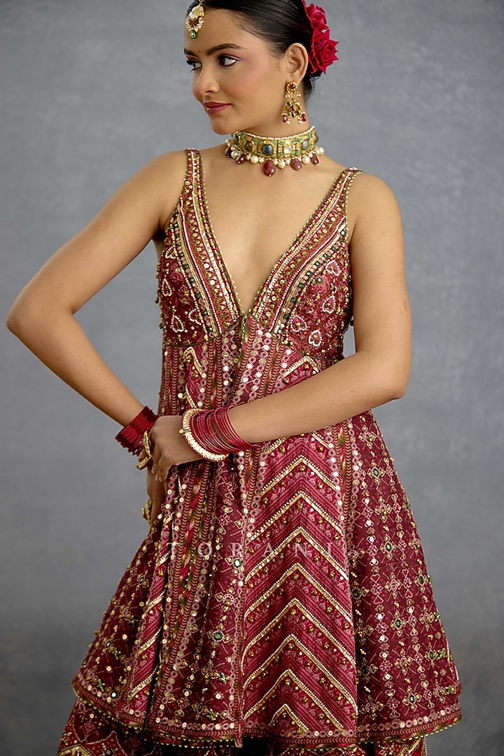 Ruby Pink Silk Patola Printed & Embroidered Bridal Sharara Set by TORANI at Pernia's Pop Up Shop
