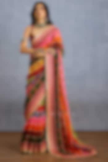 Multi-Colored Viscose Organza Digital Printed & Sequins Hand Embroidered Bridal Saree by TORANI at Pernia's Pop Up Shop