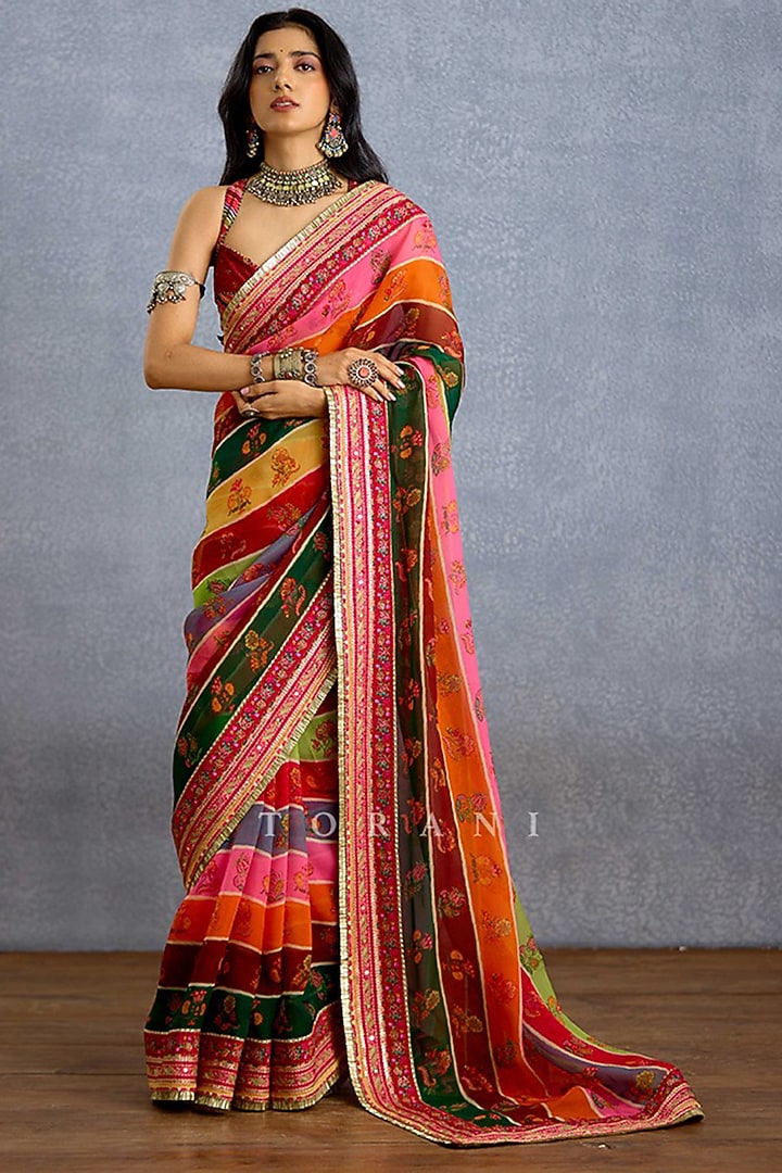 Multi-Colored Viscose Organza Digital Printed & Sequins Hand Embroidered Bridal Saree by TORANI at Pernia's Pop Up Shop