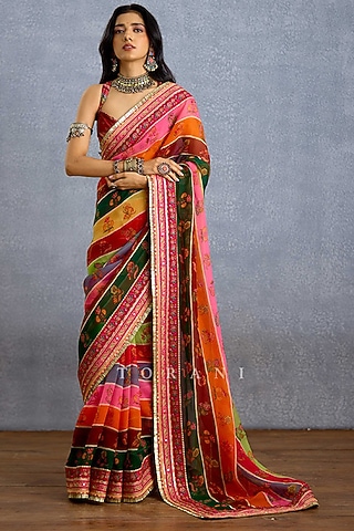 Multi-Colored Viscose Organza Digital Printed & Sequins Hand Embroidered Saree by TORANI
