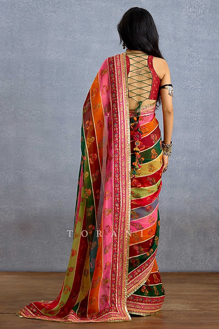 Multi-Colored Viscose Organza Digital Printed & Sequins Hand Embroidered Bridal Saree by TORANI at Pernia's Pop Up Shop