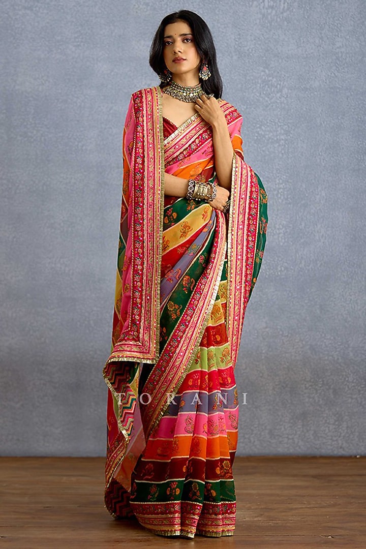 Multi-Colored Viscose Organza Digital Printed & Sequins Hand Embroidered Bridal Saree by TORANI at Pernia's Pop Up Shop