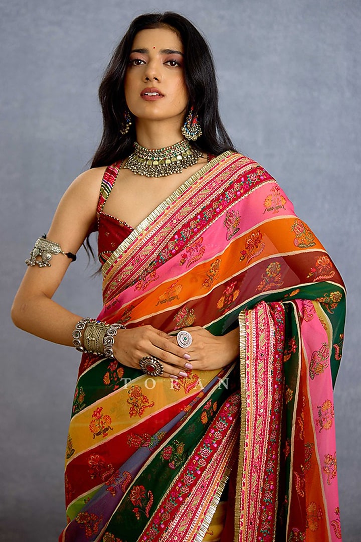 Multi-Colored Viscose Organza Digital Printed & Sequins Hand Embroidered Bridal Saree by TORANI at Pernia's Pop Up Shop