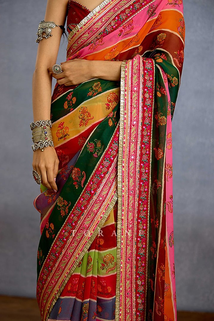 Multi-Colored Viscose Organza Digital Printed & Sequins Hand Embroidered Bridal Saree by TORANI at Pernia's Pop Up Shop