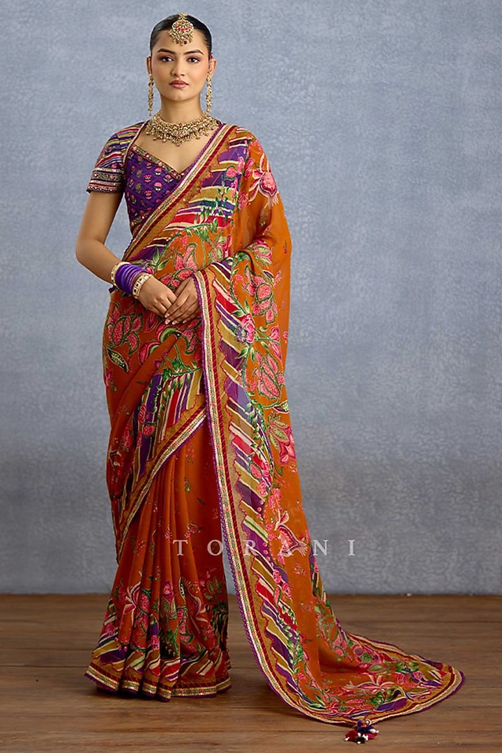 Orange-Purple Viscose Organza Digital Printed Wedding Saree by TORANI at Pernia's Pop Up Shop