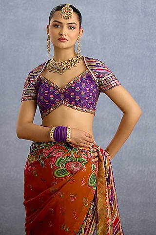 Purple Silk Digital Printed & Embroidered Blouse by TORANI
