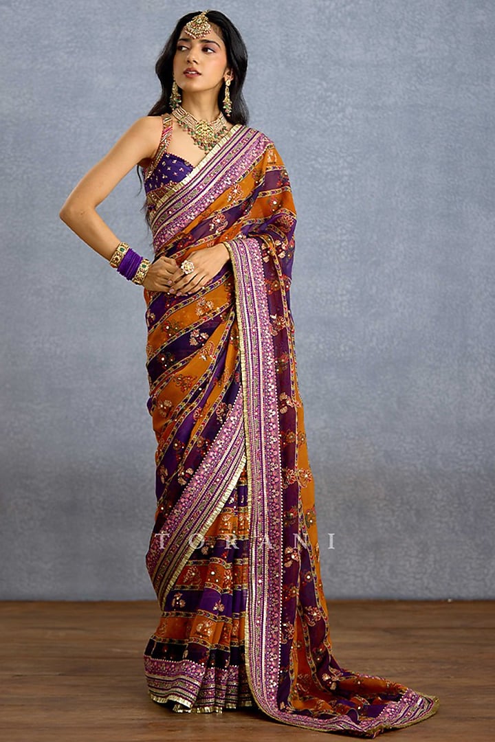 Orange-Purple Viscose Organza Digital Printed Wedding Saree Set by TORANI at Pernia's Pop Up Shop