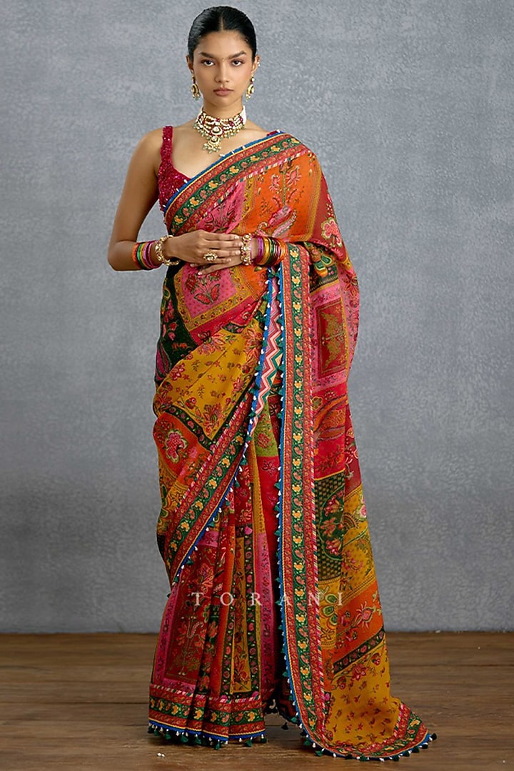 Multi-Colored Viscose Organza Digital Printed & Embroidered Wedding Saree by TORANI at Pernia's Pop Up Shop