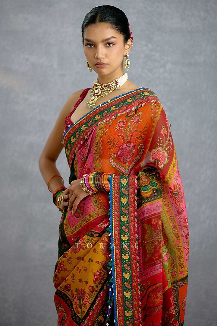 Multi-Colored Viscose Organza Digital Printed & Embroidered Wedding Saree by TORANI at Pernia's Pop Up Shop