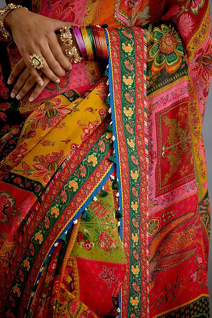 Multi-Colored Viscose Organza Digital Printed & Embroidered Wedding Saree by TORANI at Pernia's Pop Up Shop