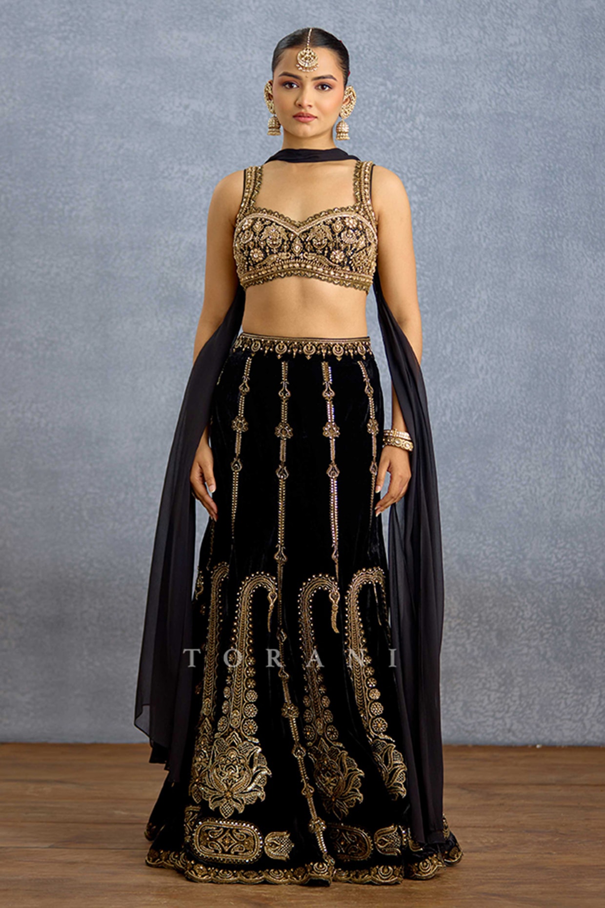 TORANI Black Velvet & Chiffon Floral Embroidered Lehenga Set