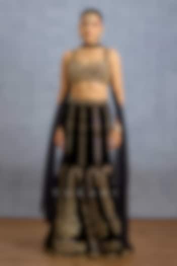 Black Velvet & Chiffon Floral Embroidered Bridal Lehenga Set by TORANI at Pernia's Pop Up Shop