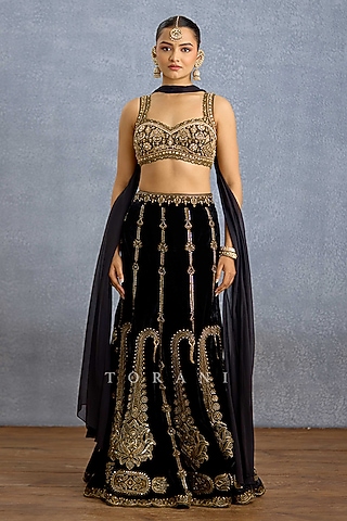 Black Velvet & Chiffon Floral Embroidered Lehenga Set by TORANI