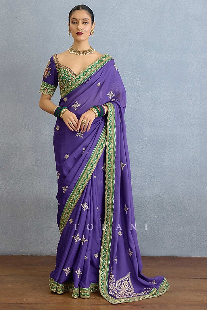 Purple Chinon Georgette Pearl Embroidered Bridal Saree by TORANI at Pernia's Pop Up Shop