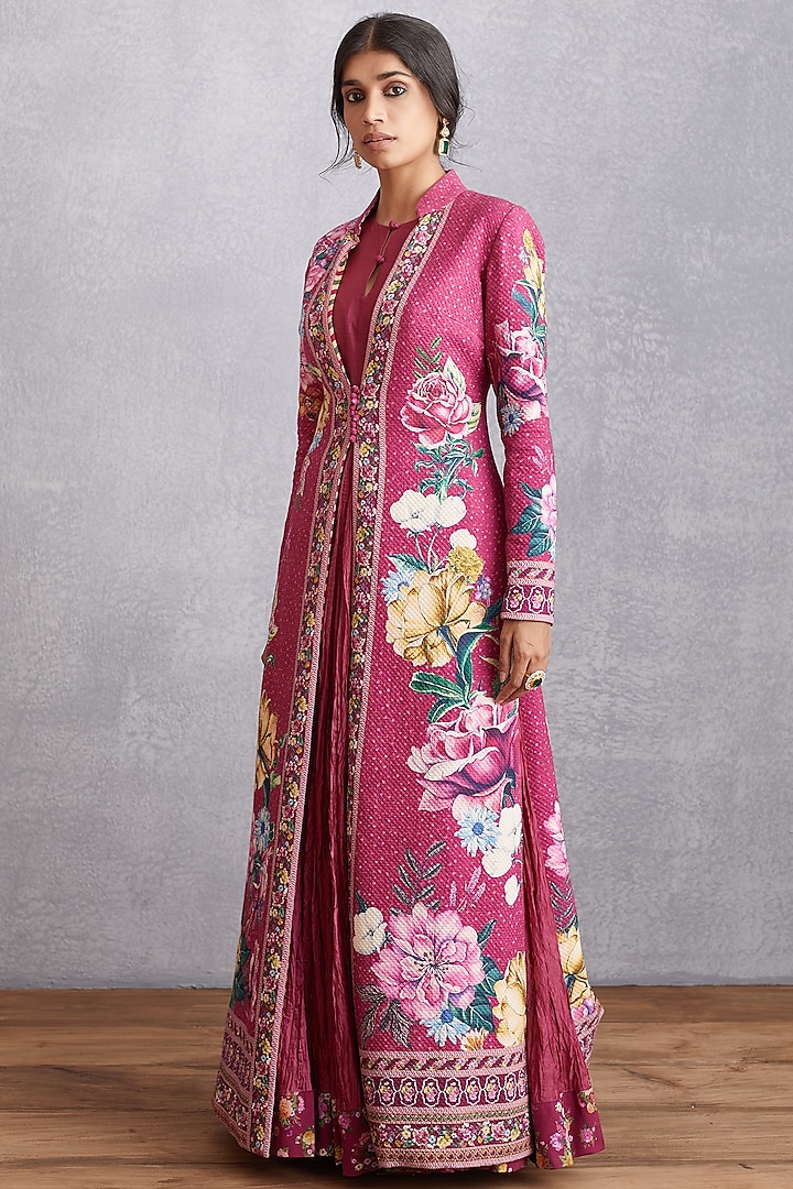 Pink Jacquard Choga Jacket With Dress by TORANI