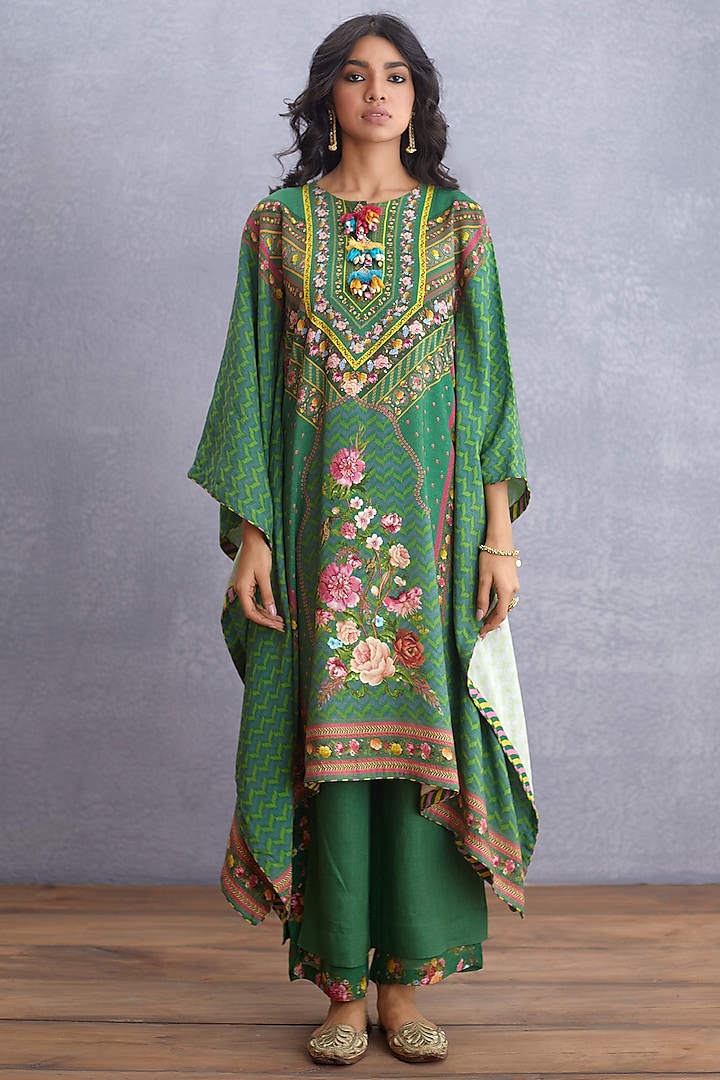 Emerald Green Cotton Silk Kaftan Set by TORANI