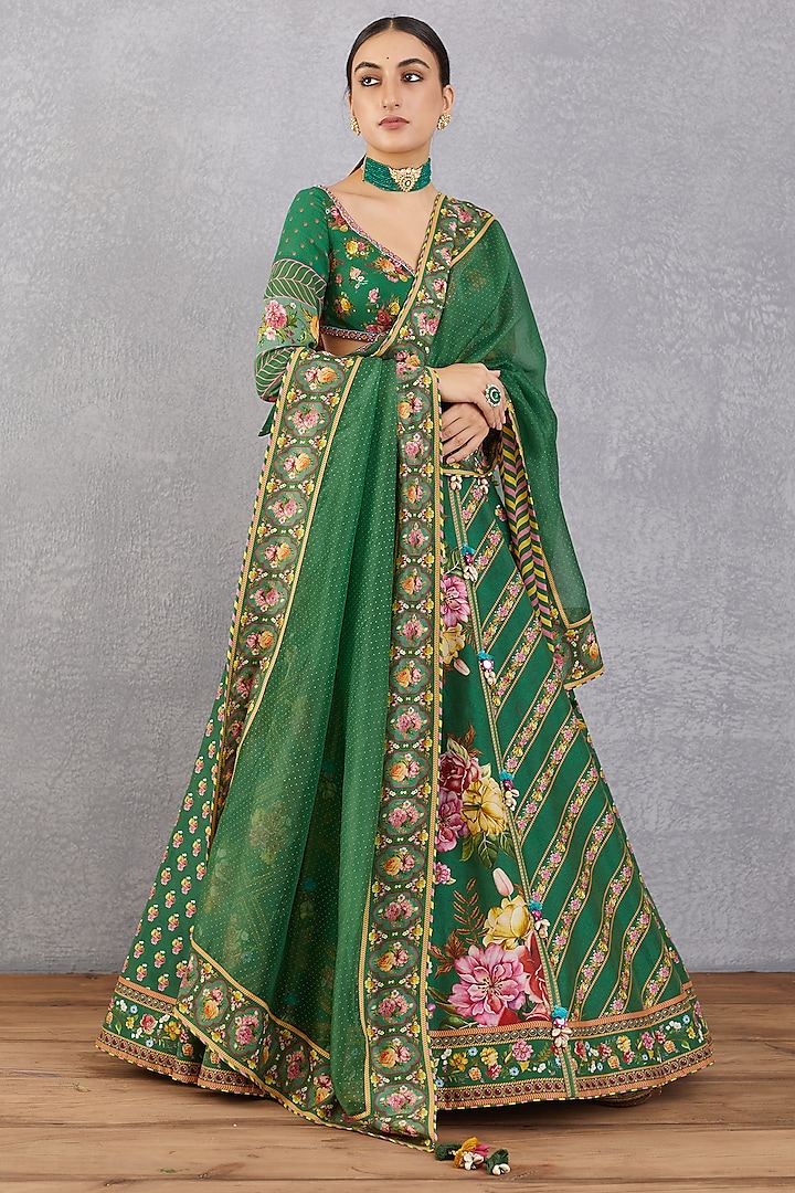 Emerald green Embroidered Lehenga Set by TORANI