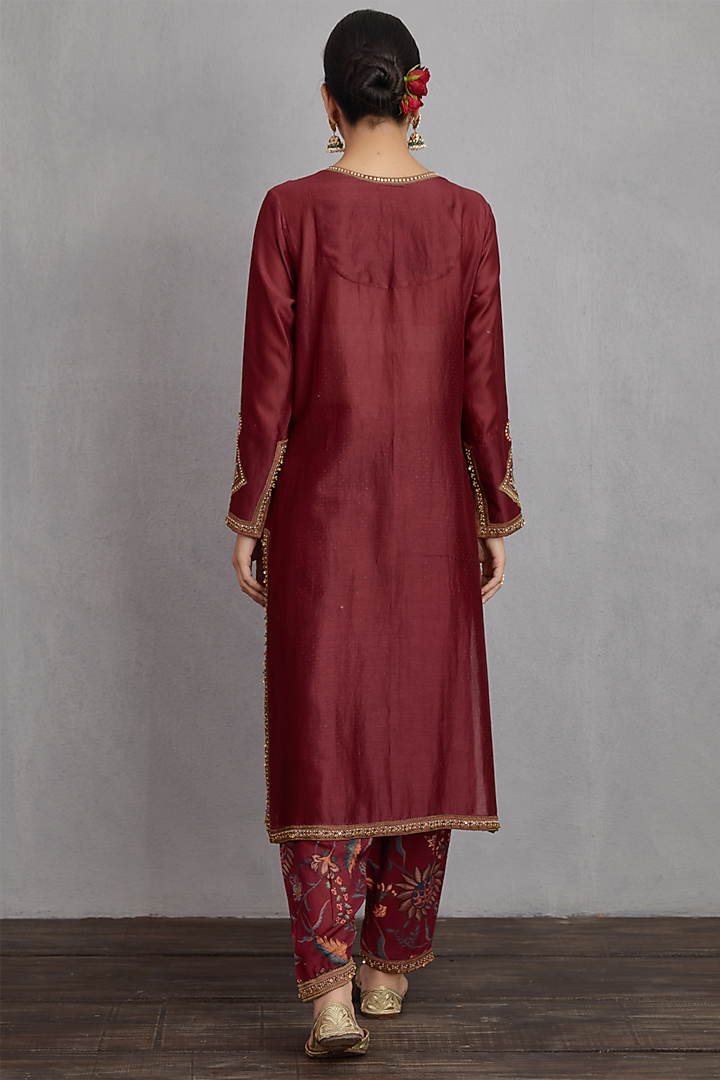 Garnet Red Handwoven Chanderi & Cotton Voile Embroidered Kurta Set by TORANI at Pernia's Pop Up Shop