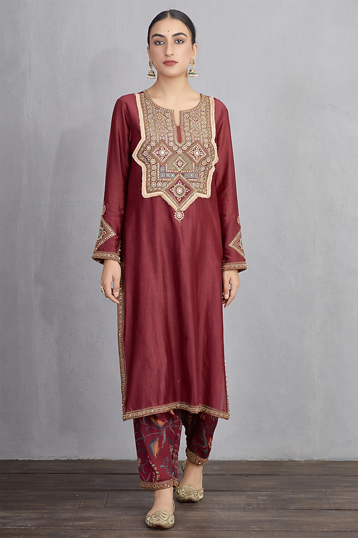 Garnet Red Handwoven Chanderi & Cotton Voile Embroidered Kurta Set by TORANI at Pernia's Pop Up Shop