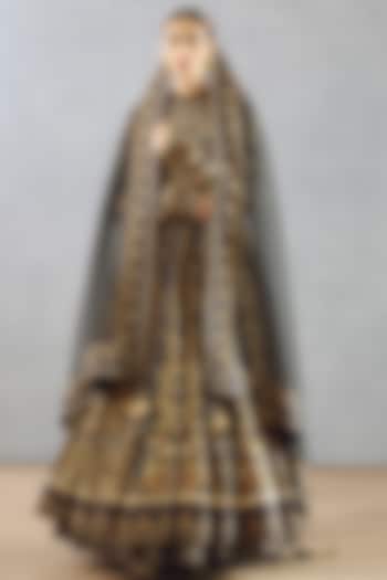 Black Slub Silk & Silk Organza Printed Wedding Anarkali Set by TORANI at Pernia's Pop Up Shop