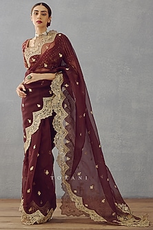 Red Silk Organza Embroidered Saree by TORANI-GANESH CHATURTHI