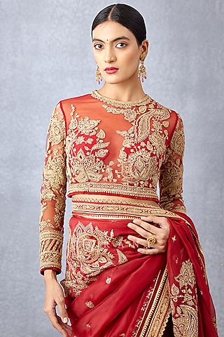 Red Butterfly Net Embroidered Blouse by TORANI