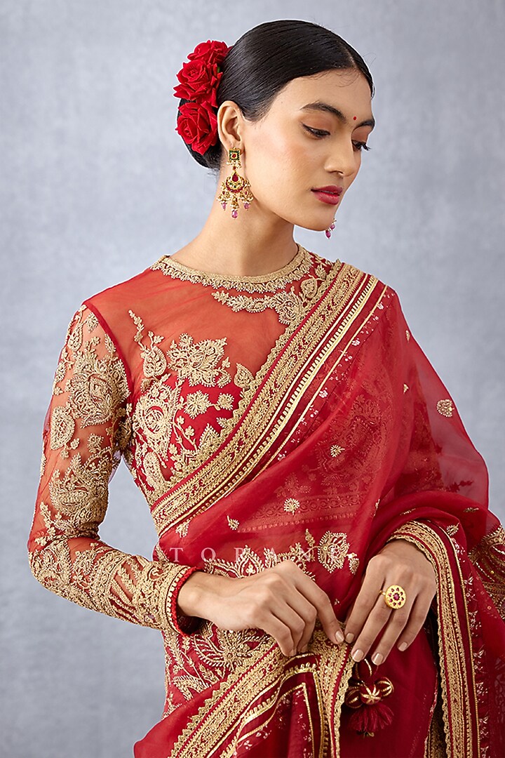 Red Butterfly Net Embroidered Blouse by TORANI at Pernia's Pop Up Shop