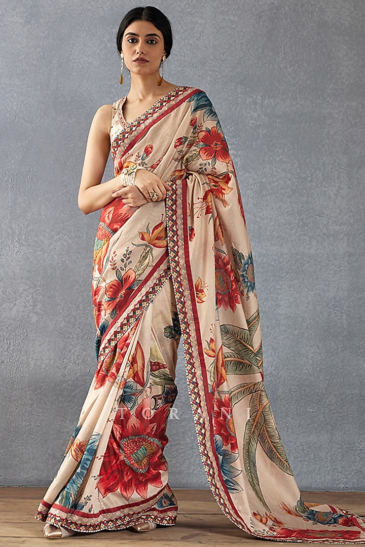 Beige Handwoven Chanderi Digital Printed Wedding Saree by TORANI at Pernia's Pop Up Shop