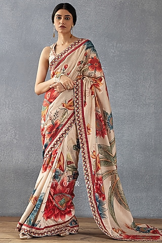 Beige Handwoven Chanderi Digital Printed Saree  by TORANI