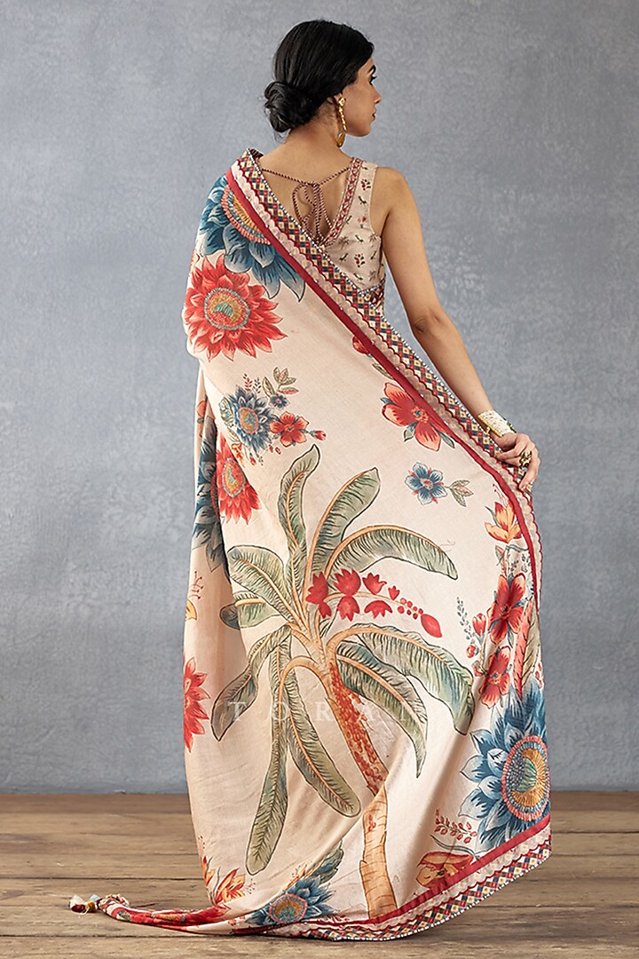 Beige Handwoven Chanderi Digital Printed Wedding Saree  by TORANI at Pernia's Pop Up Shop