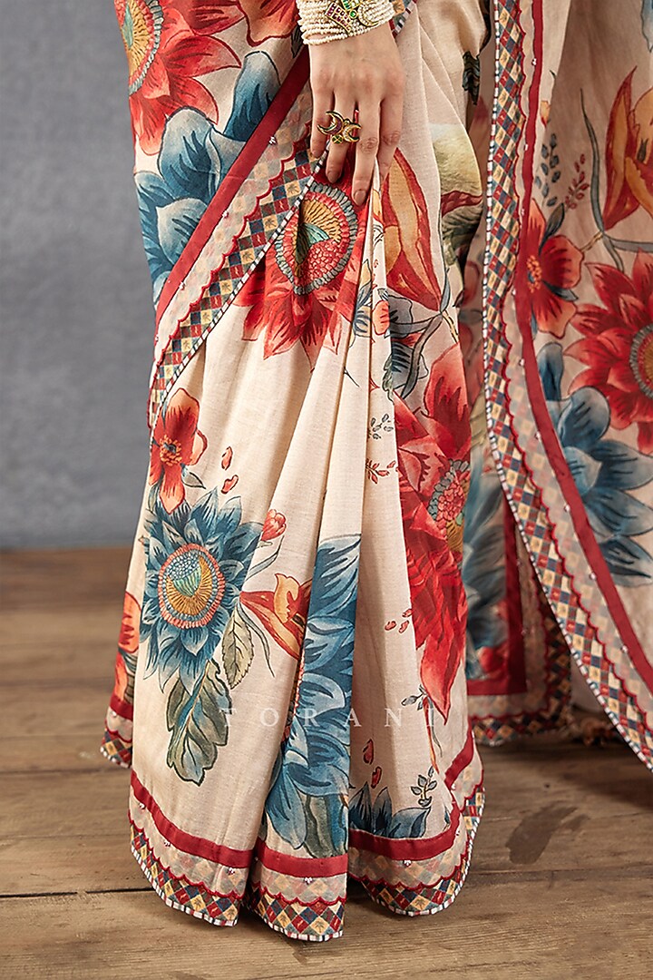 Beige Handwoven Chanderi Digital Printed Wedding Saree  by TORANI at Pernia's Pop Up Shop