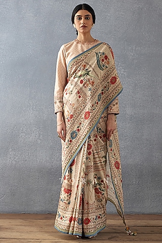 Beige Handwoven Chanderi Digital Printed Saree  by TORANI