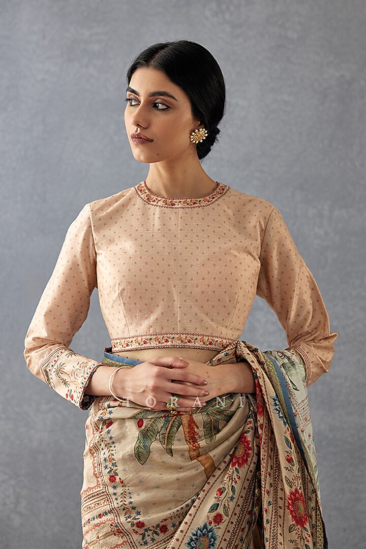 Beige Handwoven Chanderi Digital Printed Party Wear Saree  by TORANI at Pernia's Pop Up Shop