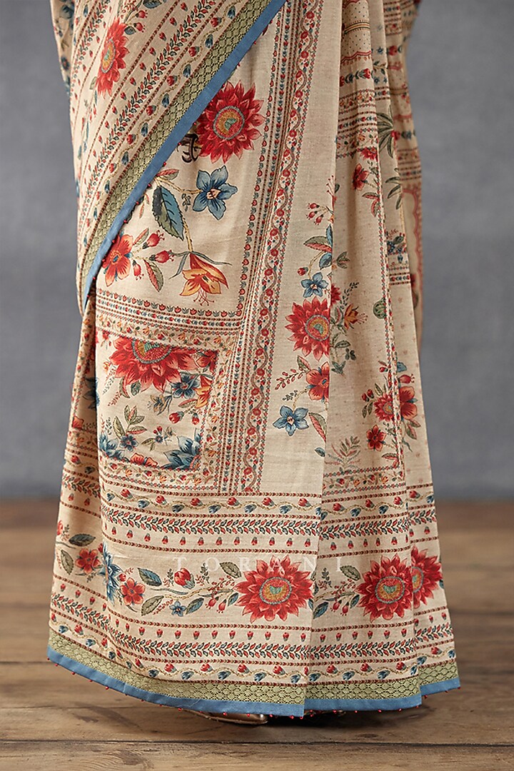 Beige Handwoven Chanderi Digital Printed Party Wear Saree  by TORANI at Pernia's Pop Up Shop