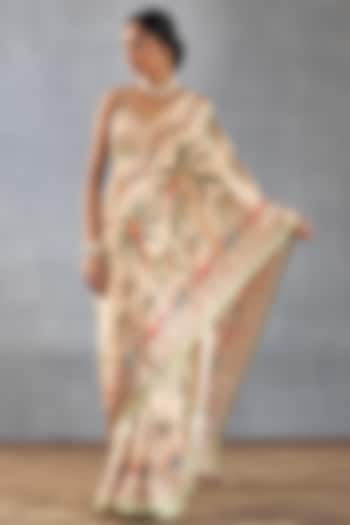 Beige Handwoven Chanderi Digital Printed Wedding Saree  by TORANI at Pernia's Pop Up Shop