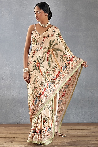 Beige Handwoven Chanderi Digital Printed Saree  by TORANI