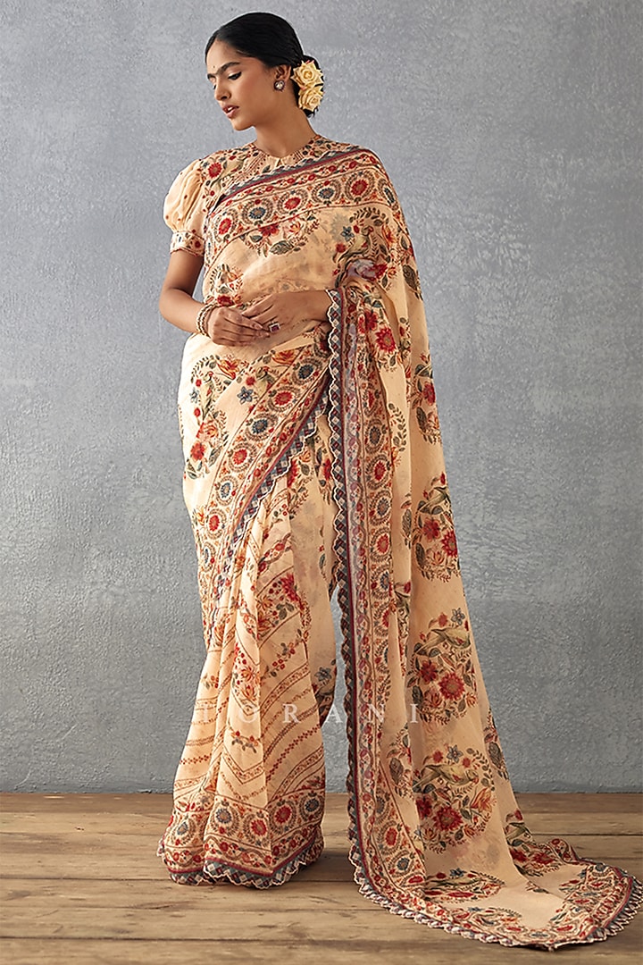Beige Handwoven Chanderi Digital Printed Wedding Saree  by TORANI at Pernia's Pop Up Shop