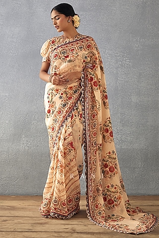 Beige Handwoven Chanderi Digital Printed Saree  by TORANI