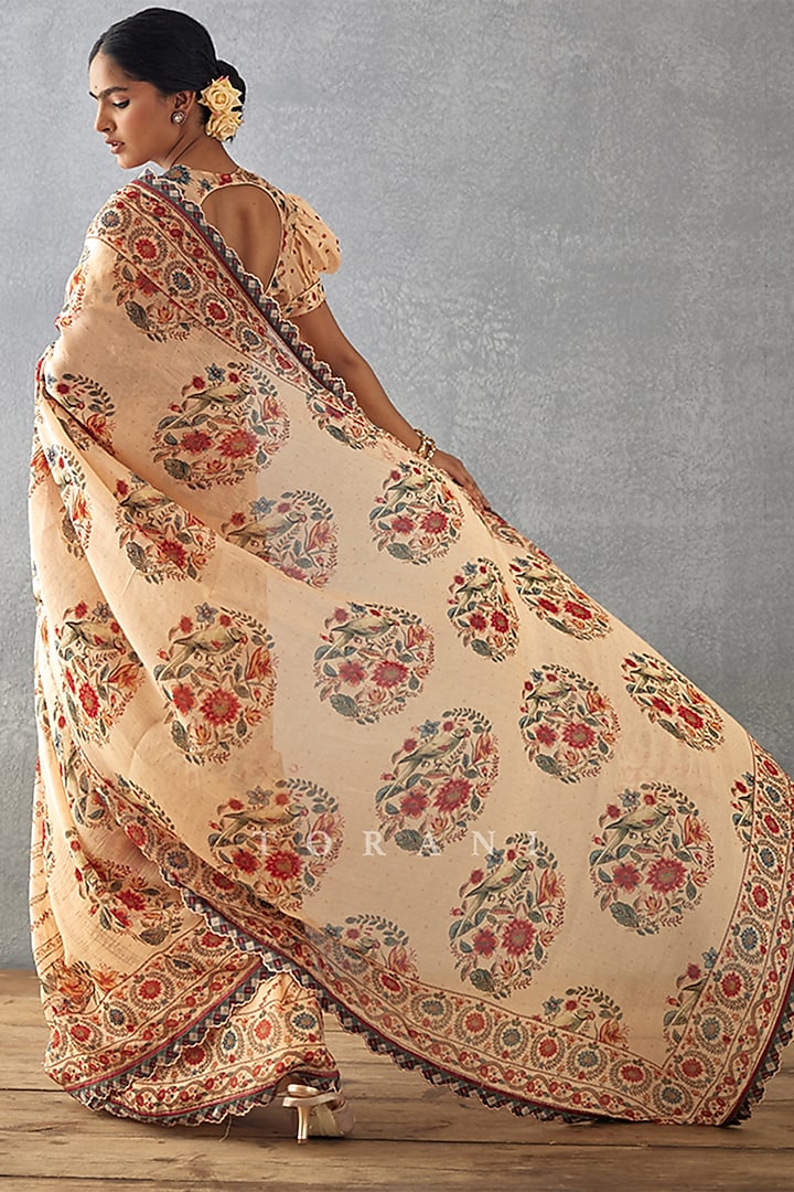 Beige Handwoven Chanderi Digital Printed Wedding Saree  by TORANI at Pernia's Pop Up Shop