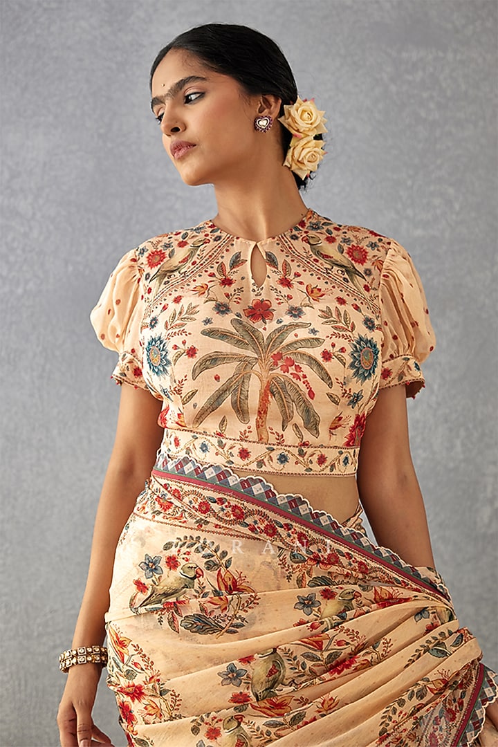 Beige Handwoven Chanderi Digital Printed Wedding Saree  by TORANI at Pernia's Pop Up Shop