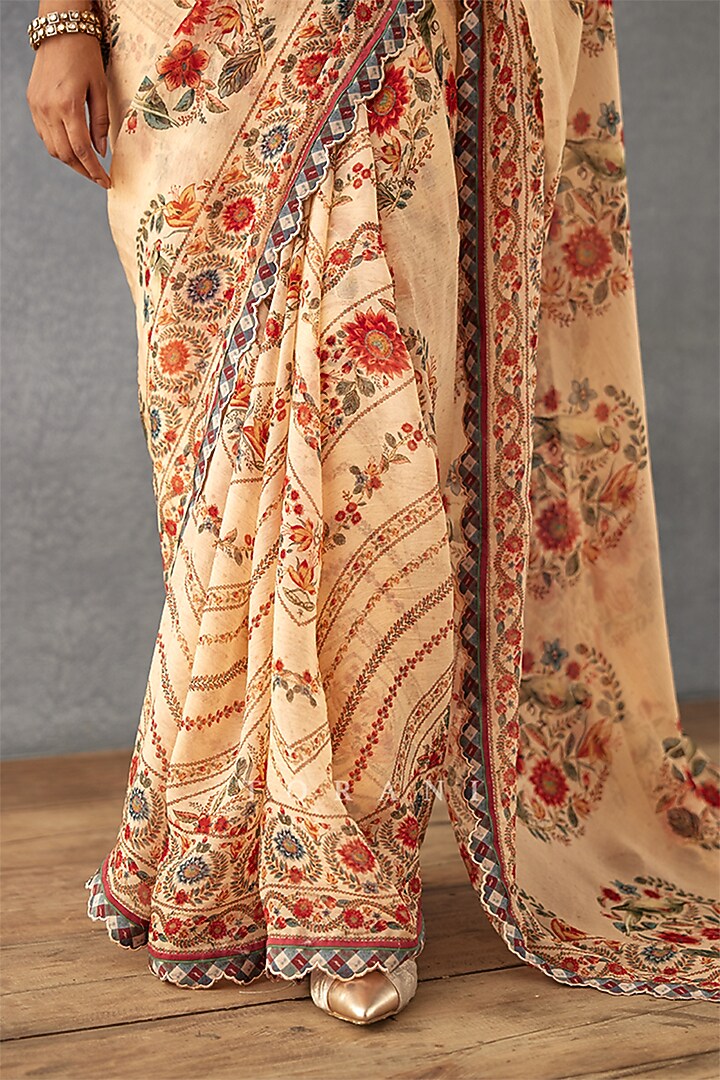 Beige Handwoven Chanderi Digital Printed Wedding Saree  by TORANI at Pernia's Pop Up Shop